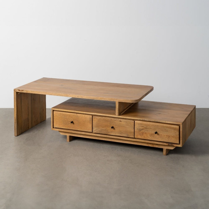 Grande Table basse japandi modulable Rectangulaire 3 tiroirs 2 niveaux en Bois de manguier Naturel Lavian - 2