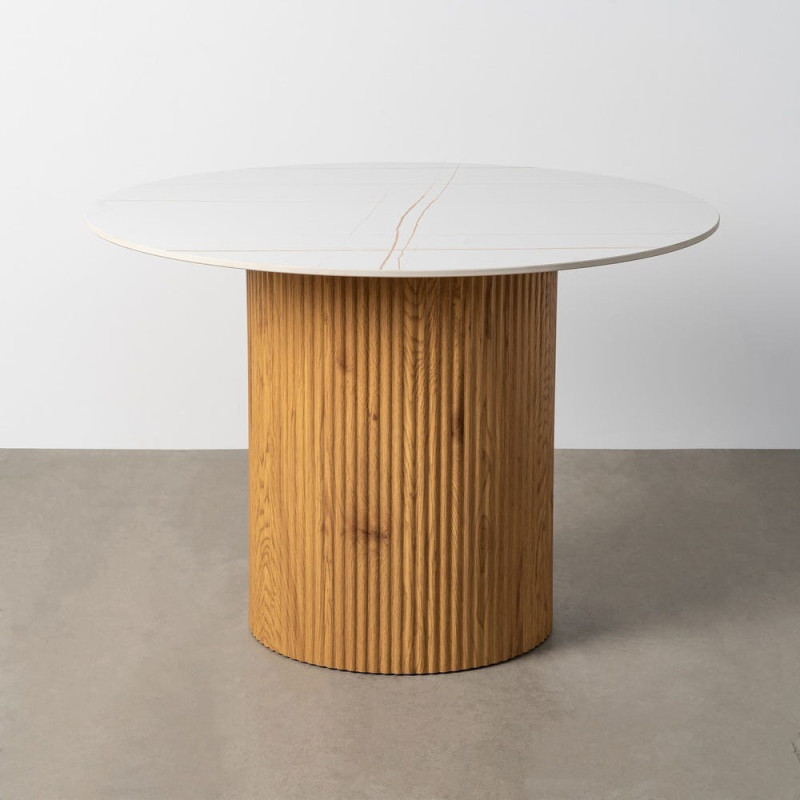Table à manger art déco moderne Ronde 4 personnes 110 cm Pierre frittée Blanc Effet marbre Bois MDF Naturel Virela - 3