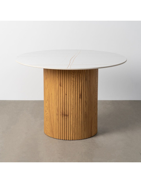 Table à manger art déco moderne Ronde 4 personnes 110 cm Pierre frittée Blanc Effet marbre Bois MDF Naturel Virela - 3