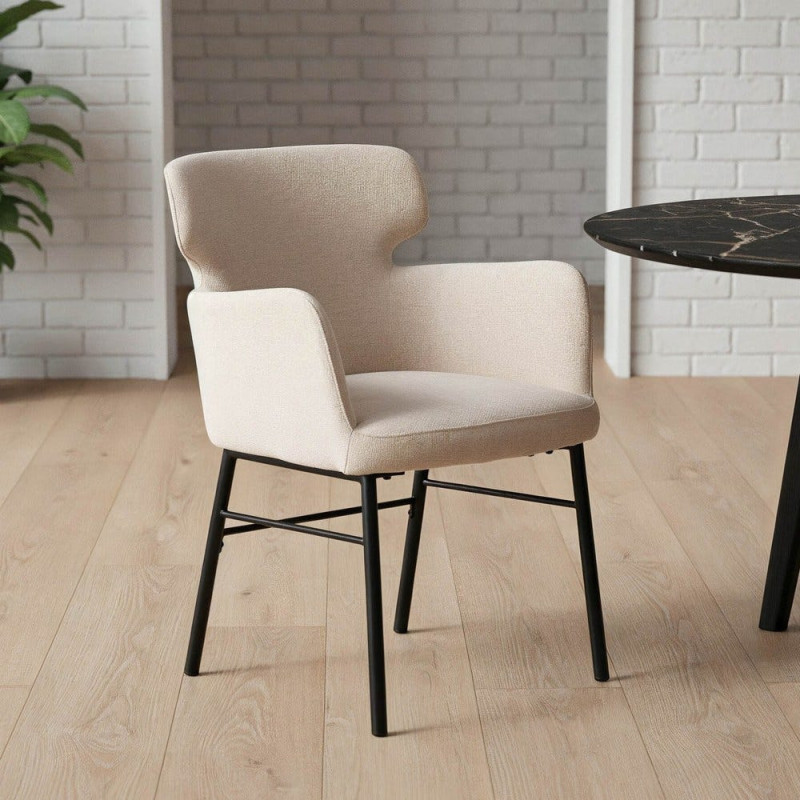 Fauteuil de table moderne mid-century Tissu Blanc crème Métal Noir Gavelo (Lot de 2) - 2