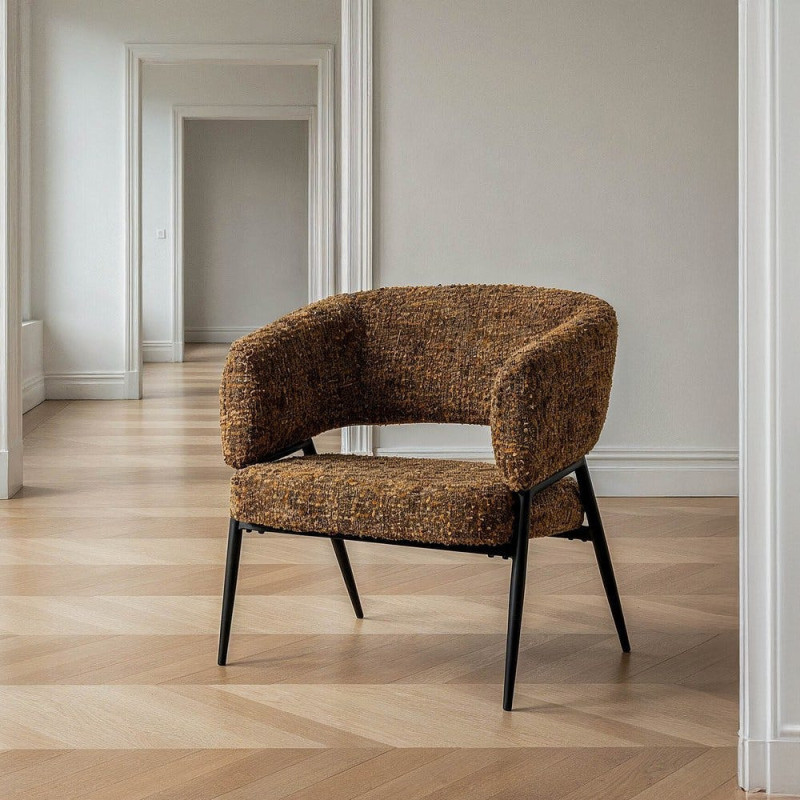 Fauteuil moderne Bouclette Tissu Marron Bouclé Métal Noir Savira (Lot de 2) - 1