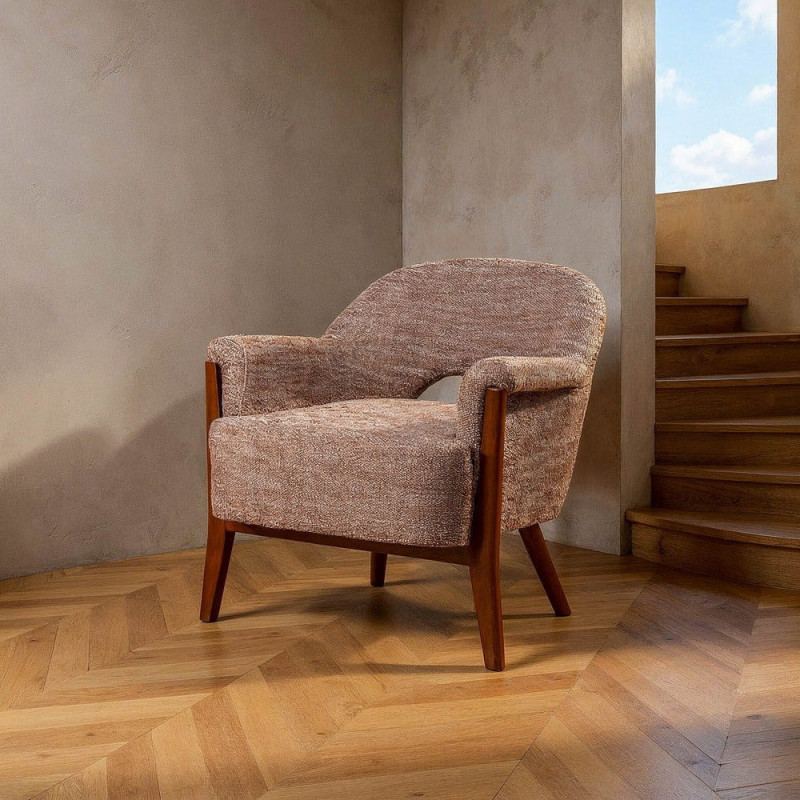 Fauteuil de salon mid-century moderne Tissu Beige Bois d'hévéa Marron Bois MDF Sorelo - 1