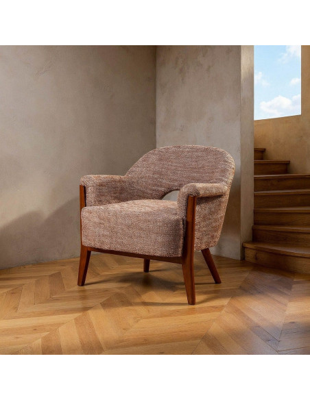 Fauteuil de salon mid-century moderne Tissu Beige Bois d'hévéa Marron Bois MDF Sorelo - 1