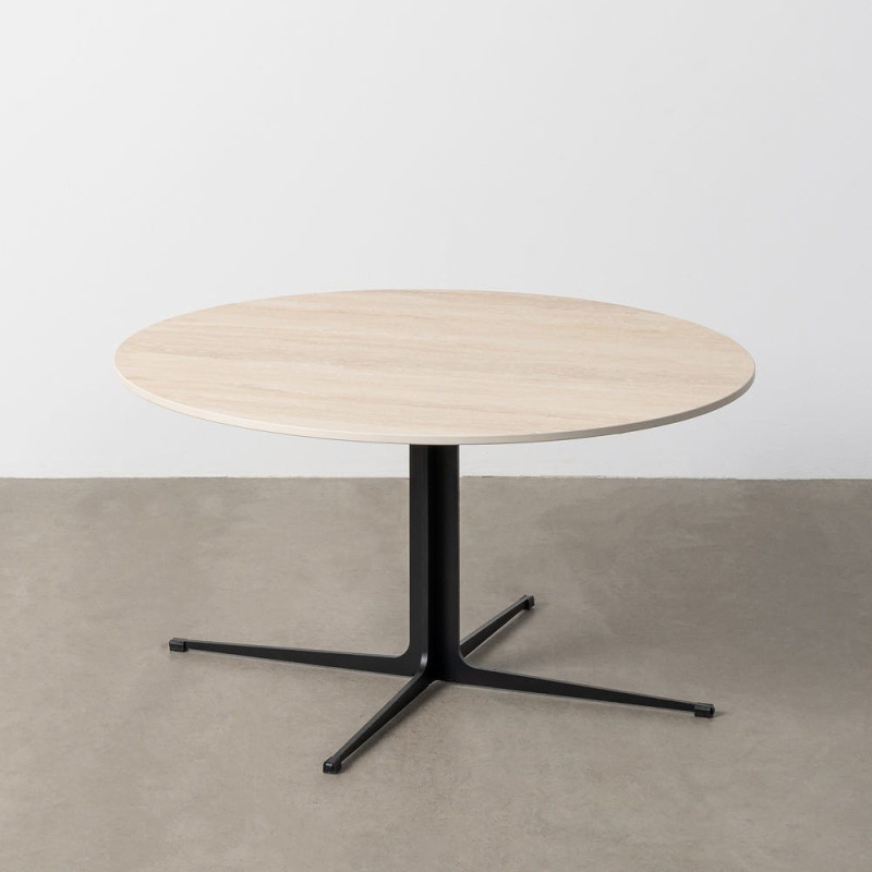 Table basse moderne chic Ronde en Pierre frittée Beige Effet travertin Métal Noir Ahlira - 1