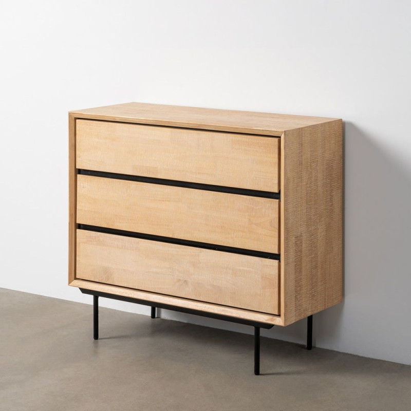Commode moderne scandinave 3 tiroirs Bois d'hévéa Bois MDF Naturel Métal Noir Sintra - 9