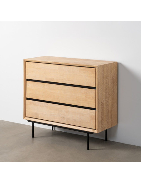 Commode moderne scandinave 3 tiroirs Bois d'hévéa Bois MDF Naturel Métal Noir Sintra - 9