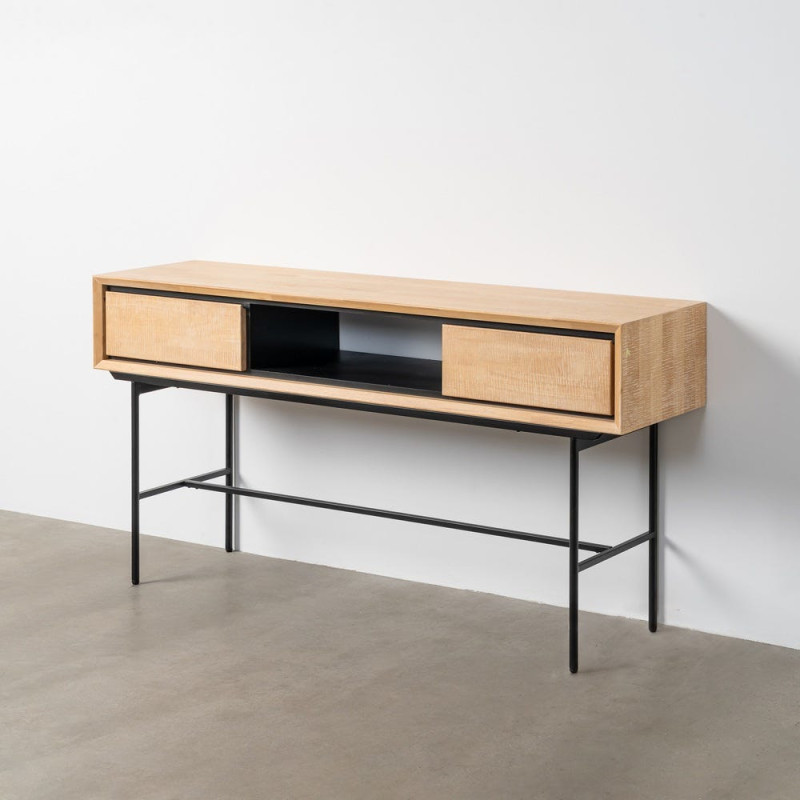 Bureau moderne chic 2 tiroirs 1 niche 150 cm en Bois d'hévéa Bois MDF Naturel Métal Noir Sintra - 9