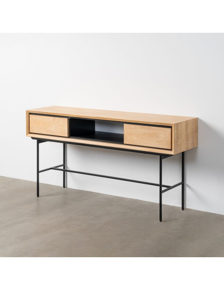 Bureau moderne chic 2 tiroirs 1 niche 150 cm en Bois d'hévéa Bois MDF Naturel Métal Noir Sintra - 9