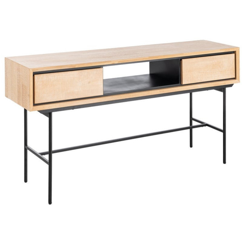 Bureau moderne chic 2 tiroirs 1 niche 150 cm en Bois d'hévéa Bois MDF Naturel Métal Noir Sintra - 1