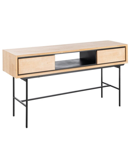 Bureau moderne chic 2 tiroirs 1 niche 150 cm en Bois d'hévéa Bois MDF Naturel Métal Noir Sintra - 1