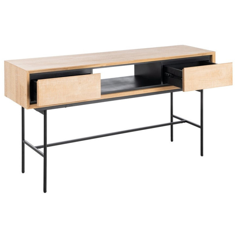 Bureau moderne chic 2 tiroirs 1 niche 150 cm en Bois d'hévéa Bois MDF Naturel Métal Noir Sintra - 2