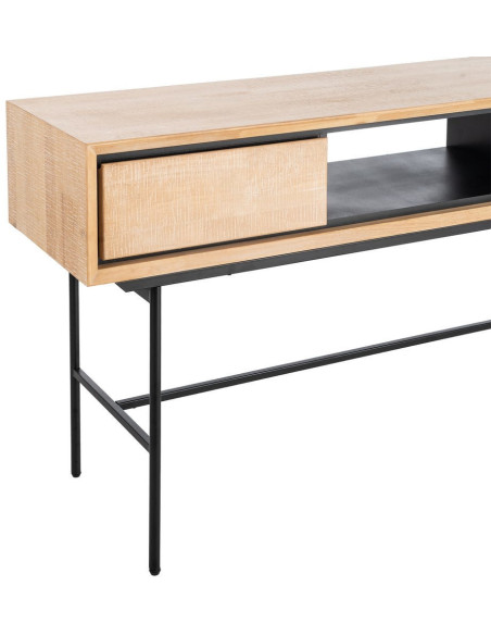 Bureau moderne chic 2 tiroirs 1 niche 150 cm en Bois d'hévéa Bois MDF Naturel Métal Noir Sintra - 3