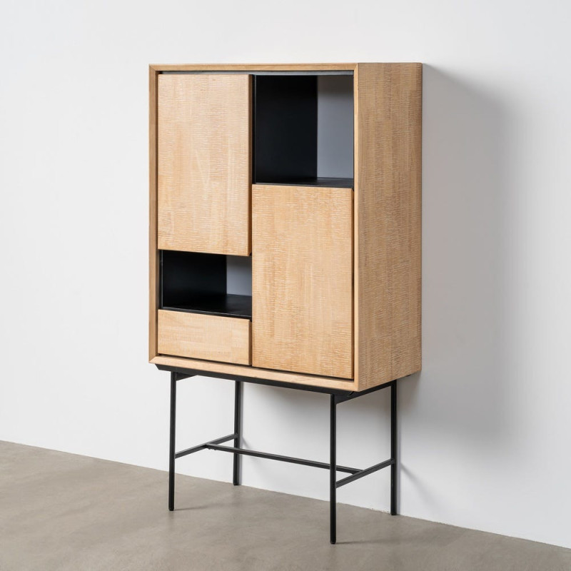 Buffet sur pied moderne chic Haut 2 portes 1 tiroirs 2 niches en Bois d'hévéa Bois MDF Naturel Métal Noir Sintra - 7