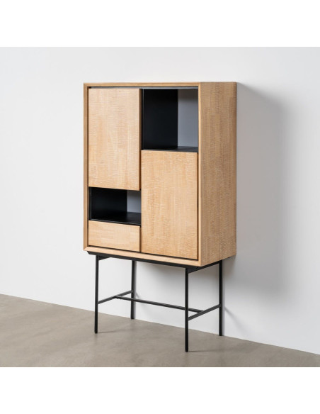 Buffet sur pied moderne chic Haut 2 portes 1 tiroirs 2 niches en Bois d'hévéa Bois MDF Naturel Métal Noir Sintra - 7