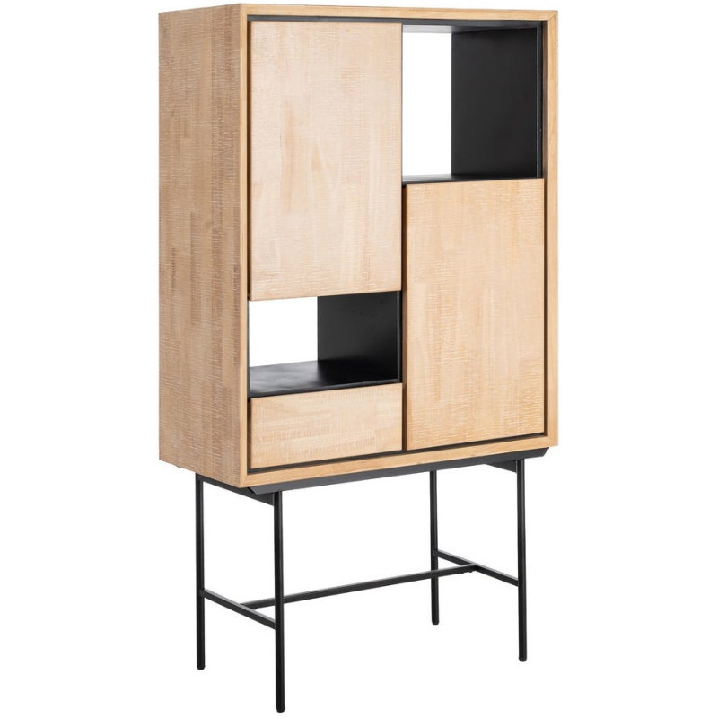 Buffet sur pied moderne chic Haut 2 portes 1 tiroirs 2 niches en Bois d'hévéa Bois MDF Naturel Métal Noir Sintra - 1