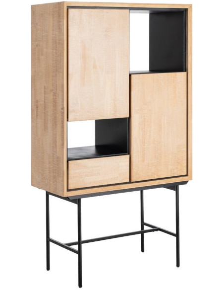 Buffet sur pied moderne chic Haut 2 portes 1 tiroirs 2 niches en Bois d'hévéa Bois MDF Naturel Métal Noir Sintra - 1