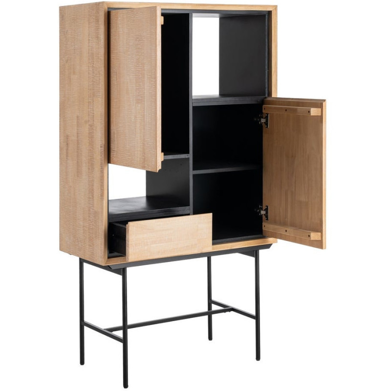 Buffet sur pied moderne chic Haut 2 portes 1 tiroirs 2 niches en Bois d'hévéa Bois MDF Naturel Métal Noir Sintra - 2