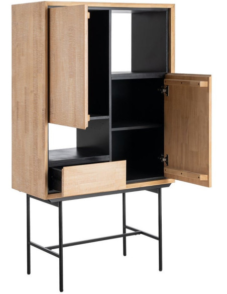 Buffet sur pied moderne chic Haut 2 portes 1 tiroirs 2 niches en Bois d'hévéa Bois MDF Naturel Métal Noir Sintra - 2