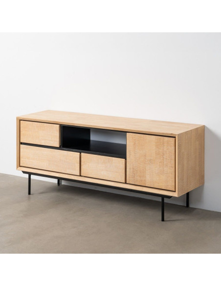 Meuble TV moderne chic 1 porte 3 tiroirs 1 niche 148 cm en Bois d'hévéa Bois MDF Naturel Métal Noir Sintra - 10
