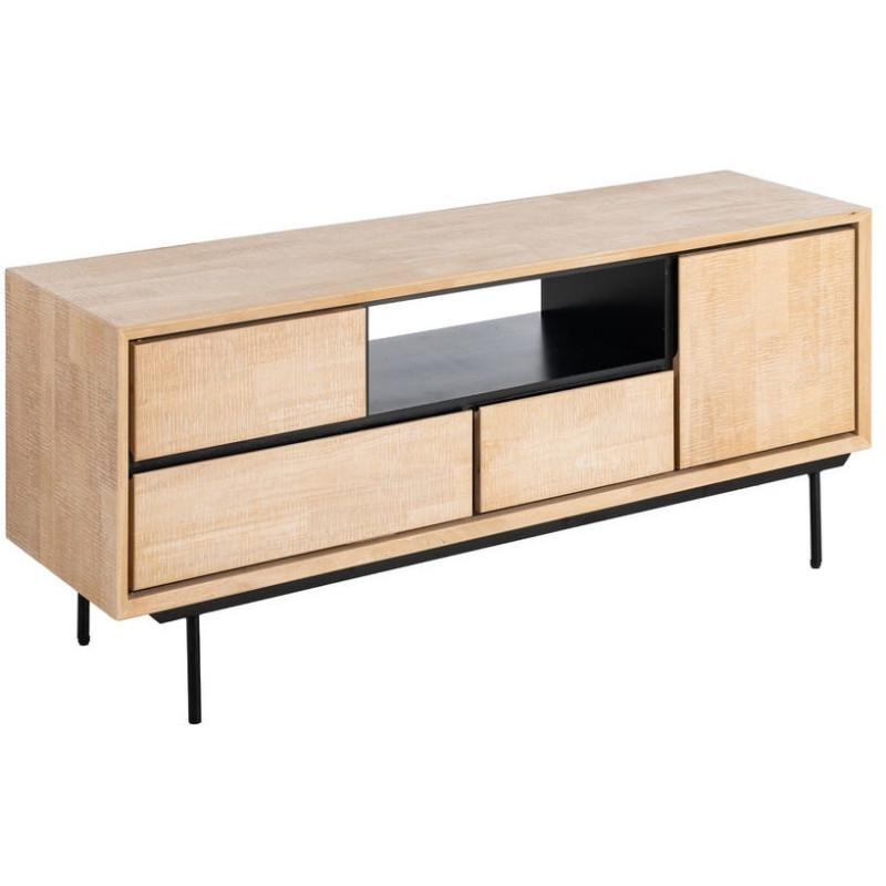 Meuble TV moderne chic 1 porte 3 tiroirs 1 niche 148 cm en Bois d'hévéa Bois MDF Naturel Métal Noir Sintra - 1