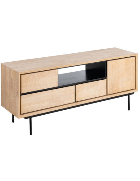 Meuble TV moderne chic 1 porte 3 tiroirs 1 niche 148 cm en Bois d'hévéa Bois MDF Naturel Métal Noir Sintra - 1