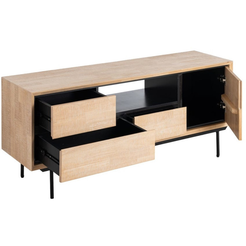 Meuble TV moderne chic 1 porte 3 tiroirs 1 niche 148 cm en Bois d'hévéa Bois MDF Naturel Métal Noir Sintra - 2