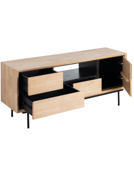 Meuble TV moderne chic 1 porte 3 tiroirs 1 niche 148 cm en Bois d'hévéa Bois MDF Naturel Métal Noir Sintra - 2