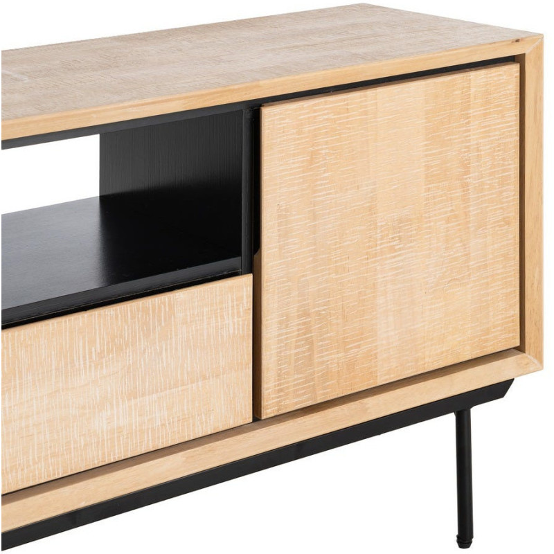 Meuble TV moderne chic 1 porte 3 tiroirs 1 niche 148 cm en Bois d'hévéa Bois MDF Naturel Métal Noir Sintra - 3
