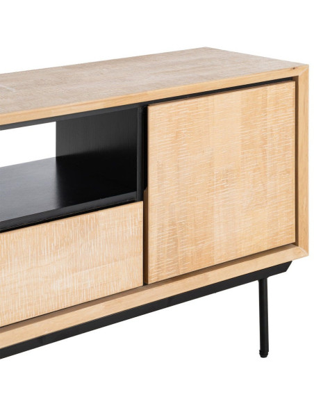 Meuble TV moderne chic 1 porte 3 tiroirs 1 niche 148 cm en Bois d'hévéa Bois MDF Naturel Métal Noir Sintra - 3