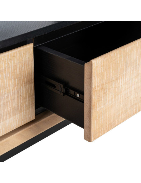 Meuble TV moderne chic 1 porte 3 tiroirs 1 niche 148 cm en Bois d'hévéa Bois MDF Naturel Métal Noir Sintra - 6