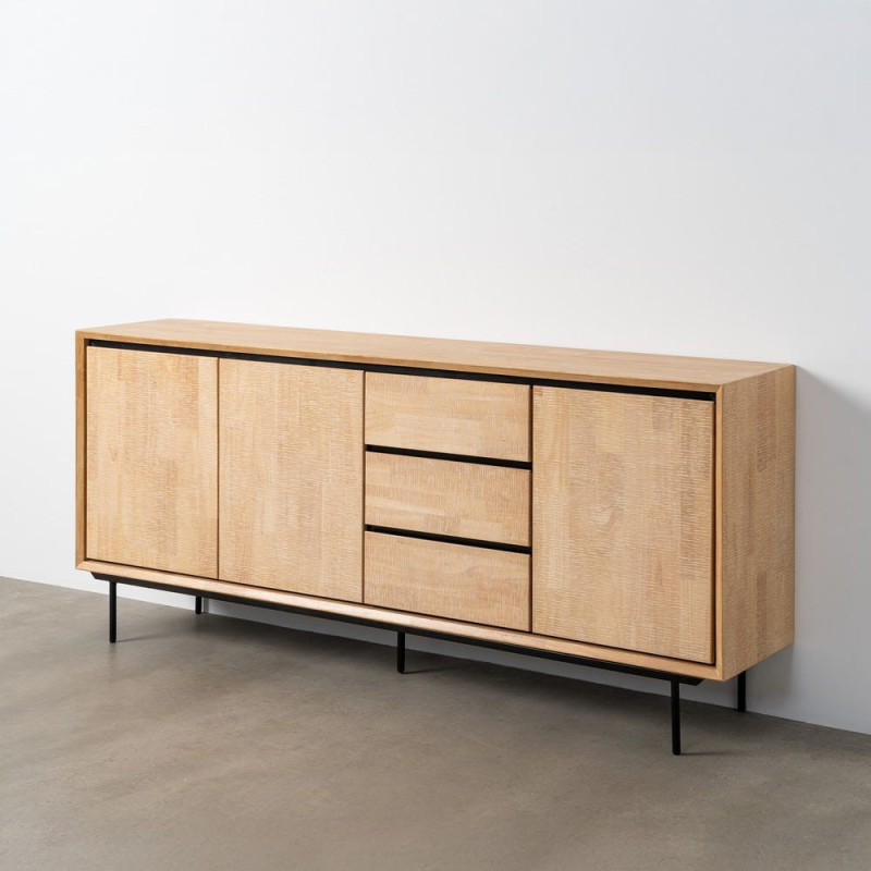 Grand Buffet moderne chic Bas 3 portes 3 tiroirs 200 cm en Bois d'hévéa Bois MDF Naturel Métal Noir Sintra - 10