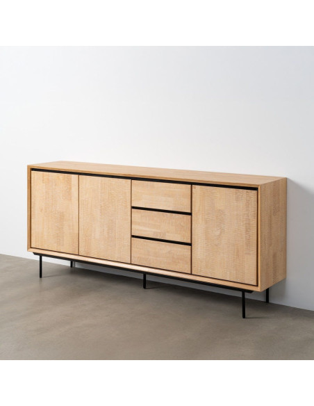 Grand Buffet moderne chic Bas 3 portes 3 tiroirs 200 cm en Bois d'hévéa Bois MDF Naturel Métal Noir Sintra - 10