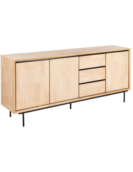 Grand Buffet moderne chic Bas 3 portes 3 tiroirs 200 cm en Bois d'hévéa Bois MDF Naturel Métal Noir Sintra - 1