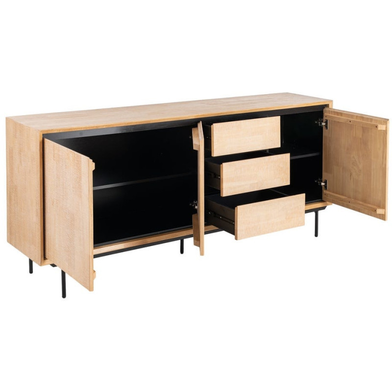 Grand Buffet moderne chic Bas 3 portes 3 tiroirs 200 cm en Bois d'hévéa Bois MDF Naturel Métal Noir Sintra - 2