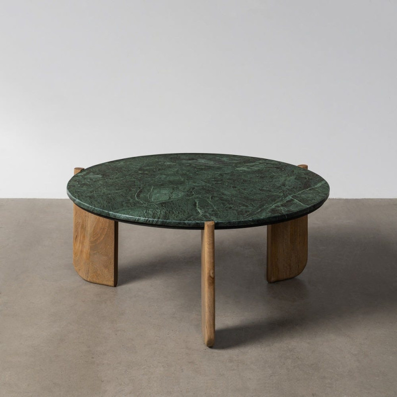 Table basse moderne chic Ronde 80 cm en Marbre Vert Bois de manguier Naturel Norvio - 2