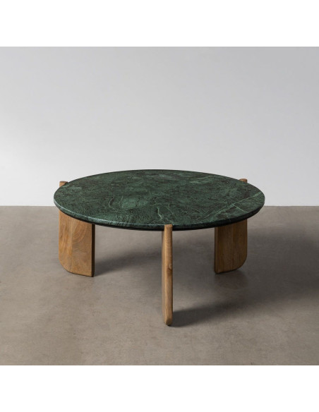 Table basse moderne chic Ronde 80 cm en Marbre Vert Bois de manguier Naturel Norvio - 2