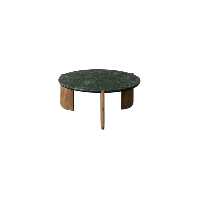 Table basse moderne chic Ronde 80 cm en Marbre Vert Bois de manguier Naturel Norvio - 1