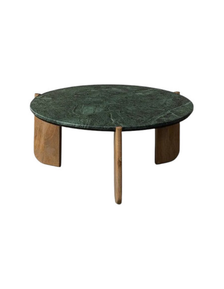 Table basse moderne chic Ronde 80 cm en Marbre Vert Bois de manguier Naturel Norvio - 1