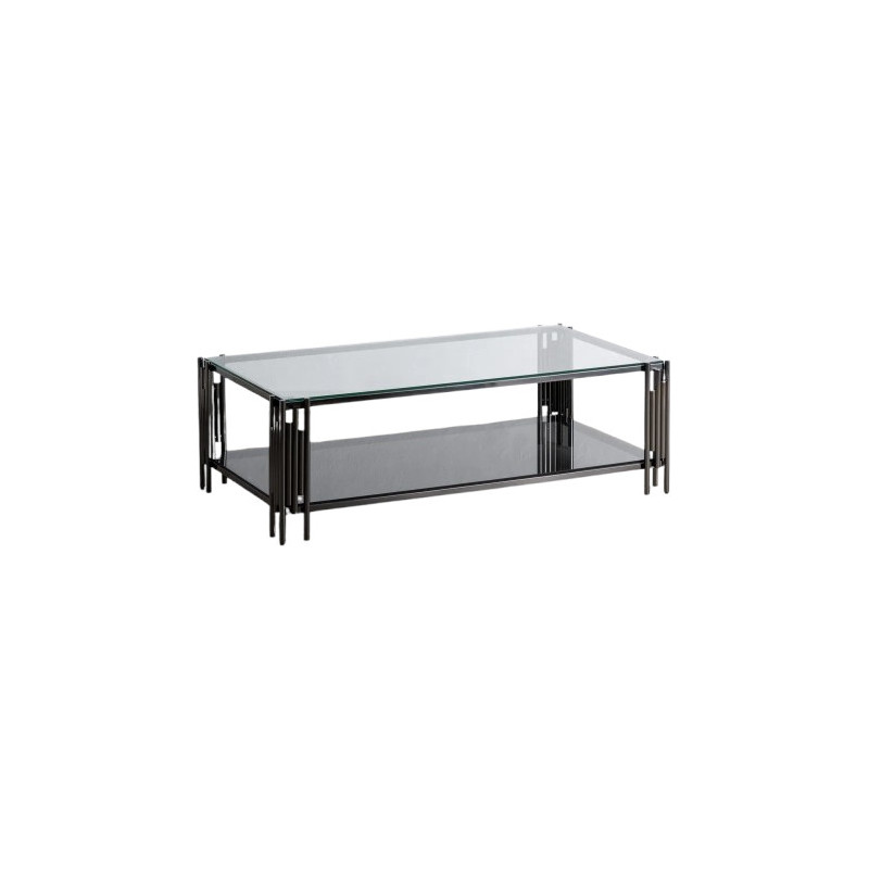 Grande Table basse industrielle moderne Rectangulaire 1 étagère 134 cm en Verre trempé Transparent Acier inoxydable Argenté Lomi