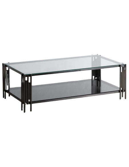 Grande Table basse industrielle moderne Rectangulaire 1 étagère 134 cm en Verre trempé Transparent Acier inoxydable Argenté Lomi