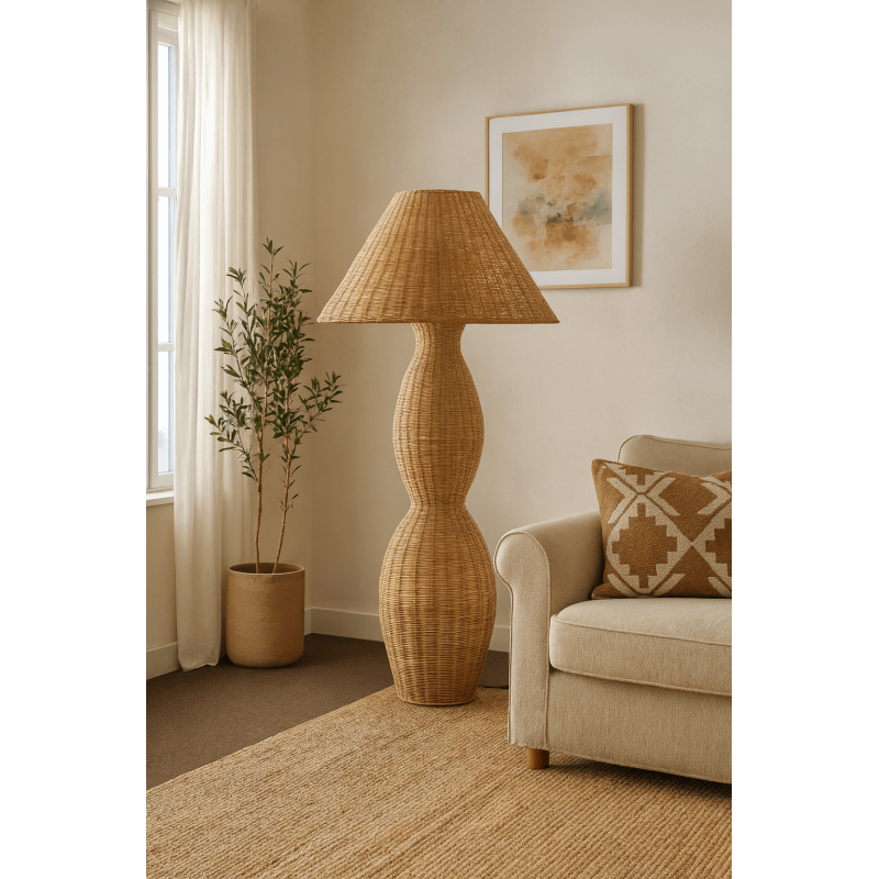 Grand Lampadaire bohème chic Hauteur 138 cm en Rotin Naturel Tressé Métal Kalero - 2