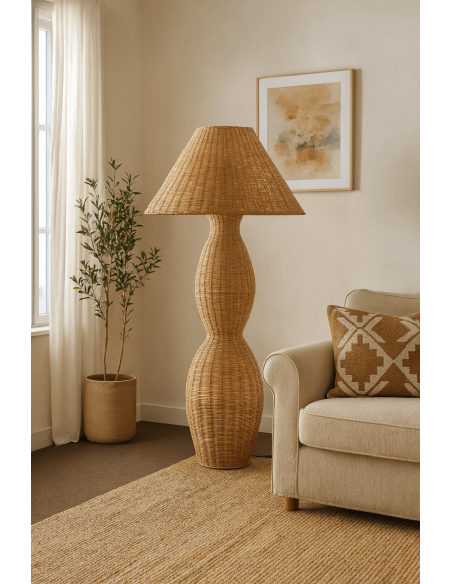 Grand Lampadaire bohème chic Hauteur 138 cm en Rotin Naturel Tressé Métal Kalero - 2