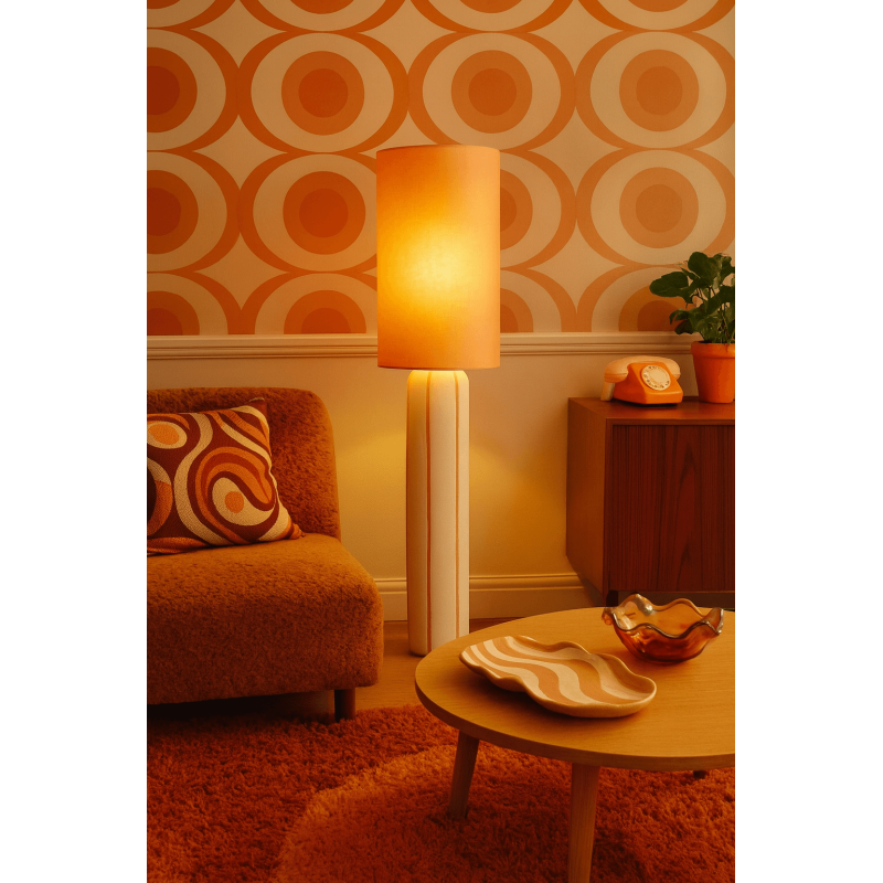 Lampadaire style rétro années 70 Hauteur 122 cm en Céramique Blanc Motif lignes Tissu Orange PVC Velira - 2