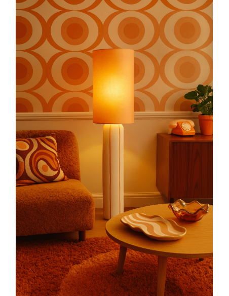 Lampadaire style rétro années 70 Hauteur 122 cm en Céramique Blanc Motif lignes Tissu Orange PVC Velira - 2