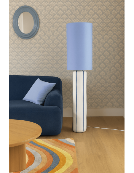 Lampadaire style rétro années 70 Hauteur 122 cm en Céramique Blanc Motif lignes Tissu Bleu PVC Velira - 2