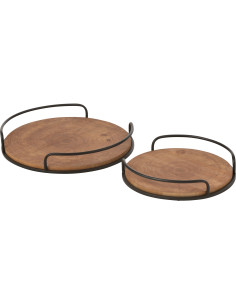 Plateau de service rustique chic Rond en Bois MDF Naturel Métal Noir Chestyo (Lot de 2) - 1