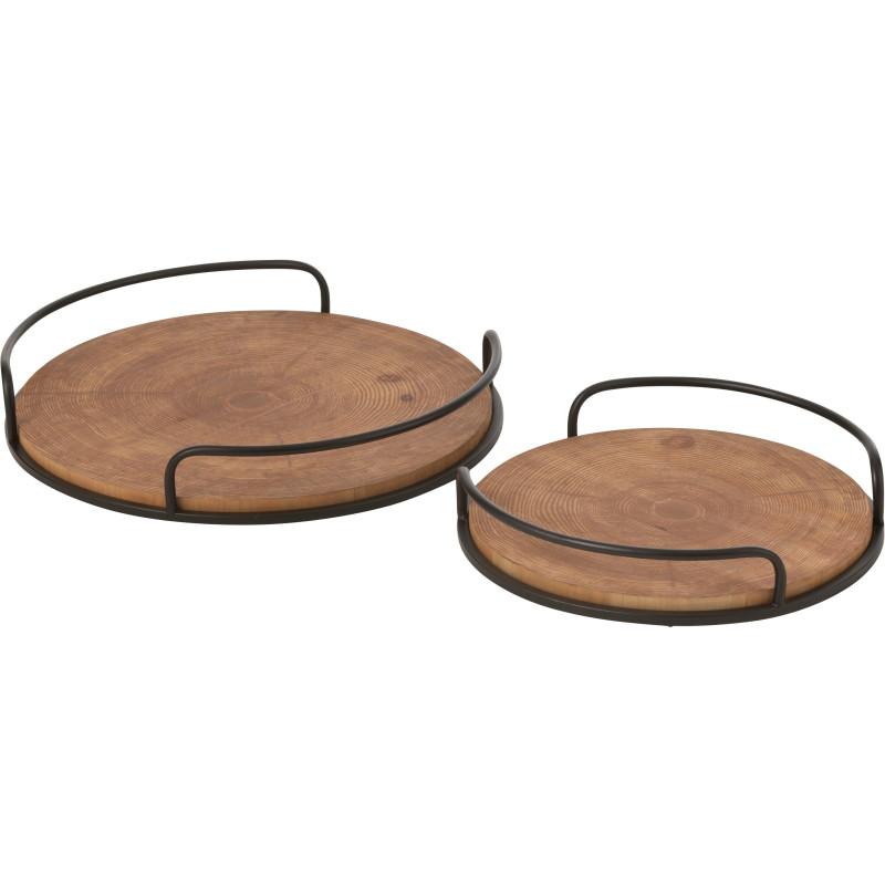 Plateau de service rustique chic Rond en Bois MDF Naturel Métal Noir Chestyo (Lot de 2) - 1