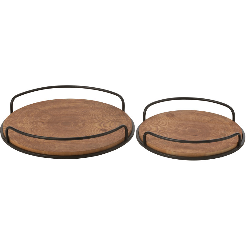 Plateau de service rustique chic Rond en Bois MDF Naturel Métal Noir Chestyo (Lot de 2) - 3
