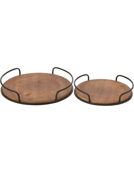 Plateau de service rustique chic Rond en Bois MDF Naturel Métal Noir Chestyo (Lot de 2) - 4