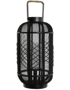 Grande Lanterne déco africaine à bougie 25x46 Métal Noir Rotin Naturel Verre Transparent Sariel - 1